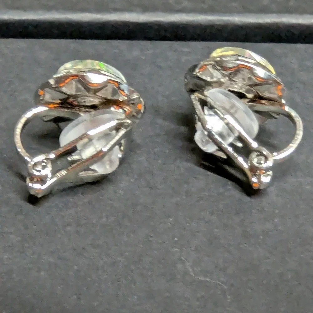 New Clip On Earrings Silver PLated Aurora Borealis AB Crystal Halo Round Wedding
